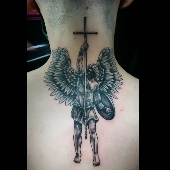 Black and Grey Saint Michael with Cross, Shield and Wings Neck Tattoo