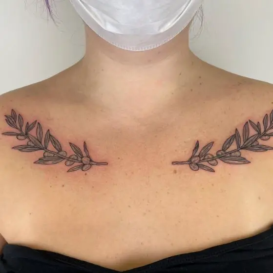 Black and Grey Olive Branches with Leaves and Olives Collarbone Tattoo