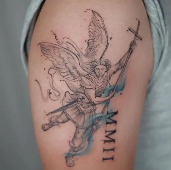 Black and Grey Roman Numbers and Saint Michael with Cross, Shield and Wings Arm Tattoo