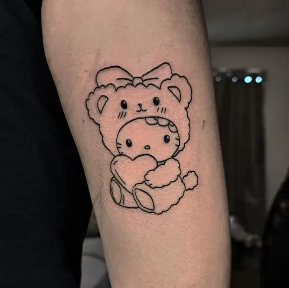 Black Minimalistic Child and Hello Kitty Arm Tattoo