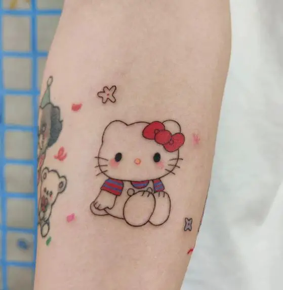 Colorful Minimalistic Hello Kitty with Red Bow Forearm Tattoo