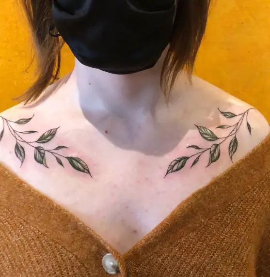 Branches with Green Leaves Collarbone Tattoo