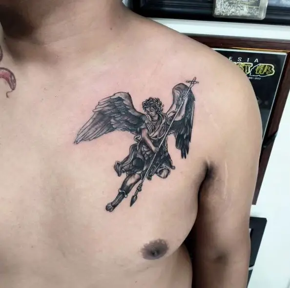 Black and Grey Saint Michael with Spear and Wings Chest Tattoo