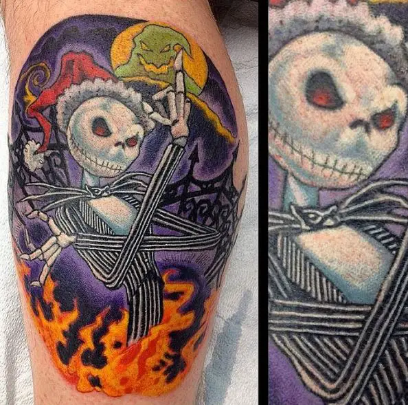 Colorful Oogie Boogie and Santa Jack Leg Tattoo