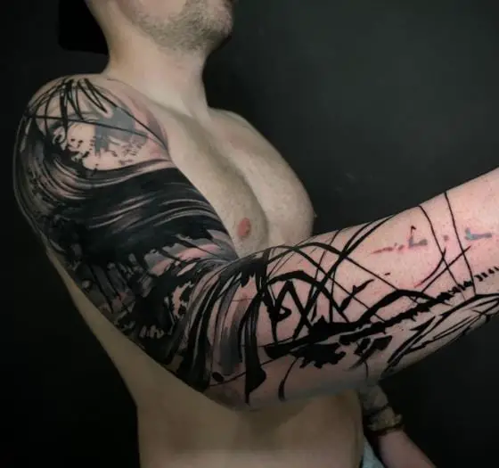 Black and Grey Brush Stroke Abstract Arm Tattoo