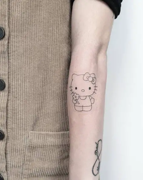 Black Minimalistic Hello Kitty with Flower Forearm Tattoo