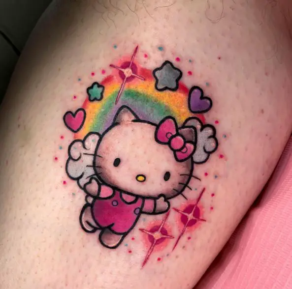 Colorful Rainbow and Hello Kitty with Stars and Hearts Forearm Tattoo