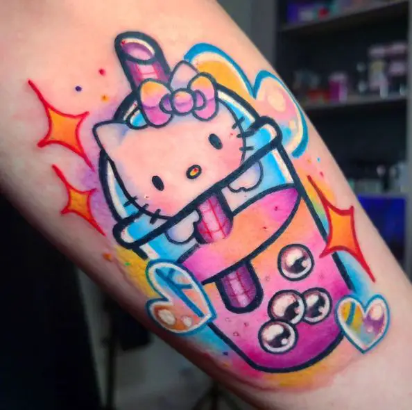 Colorful Glass of Juice with Straw, and Hello Kitty Forearm Tattoo