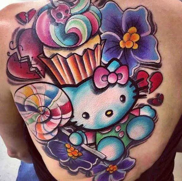 Colorful Hello Kitty with Flowers and Candies Back Tattoo