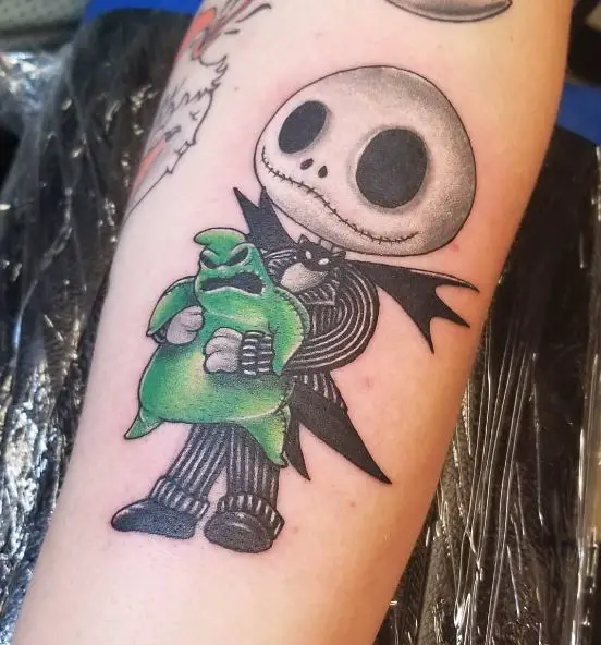 Colorful Jack Skellington with Oogie Boogie Forearm Tattoo