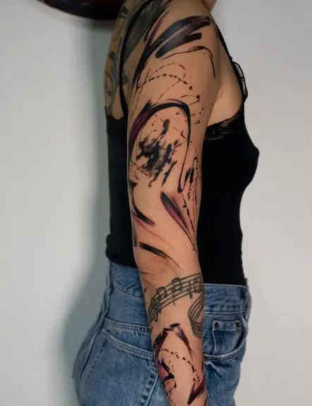Black Brush Stroke with Music Notes Abstract Arm Sleeve Tattoo