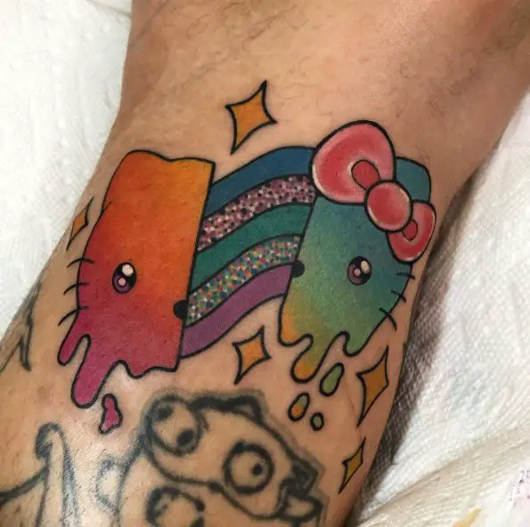 Colorful Stars and Trippy Hello Kitty Forearm Tattoo