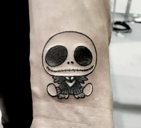 Black and Grey Baby Jack Skellington Wrist Tattoo