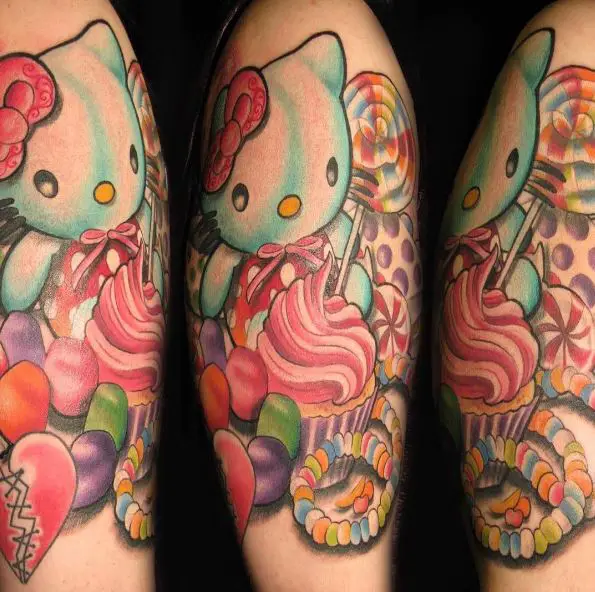 Colorful Hello Kitty with Cupcakes and Lollipops Arm Tattoo