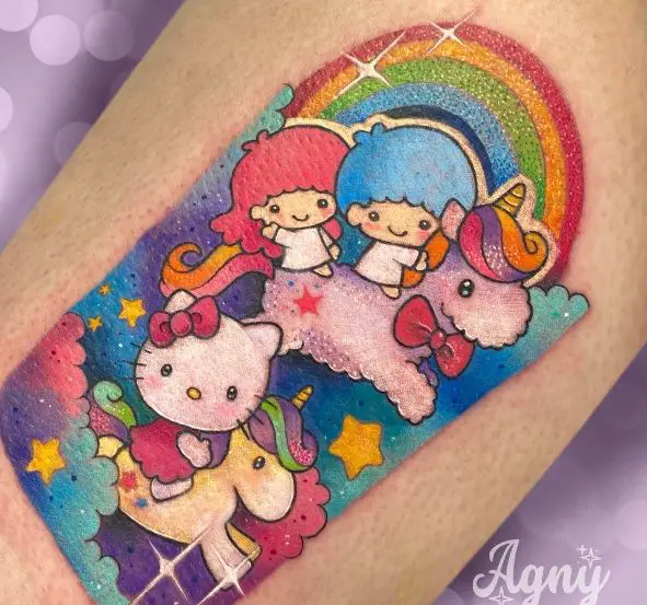 Colorful Hello Kitty with Friends, Riding Unicorns Arm Tattoo