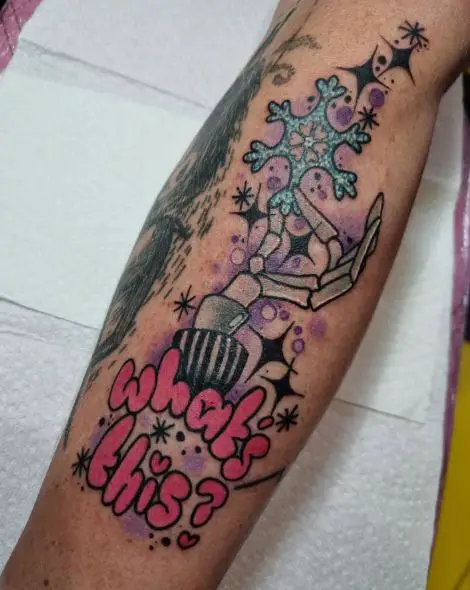 Colorful Jack Skellington Hand with Snowflake Forearm Tattoo