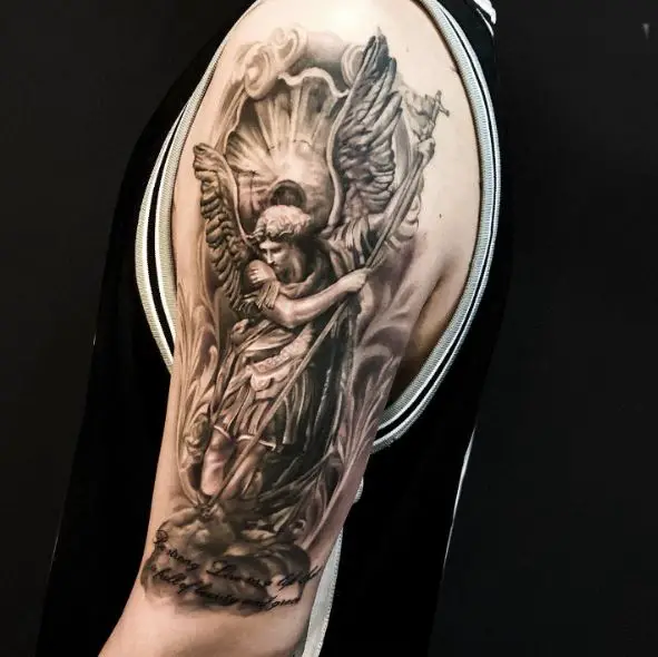 Black and Grey Saint Michael with Spear and Wings Arm Tattoo