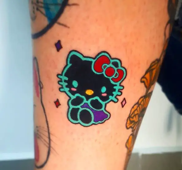 Colorful Hello Kitty with Fluorescent Outline Thigh Tattoo