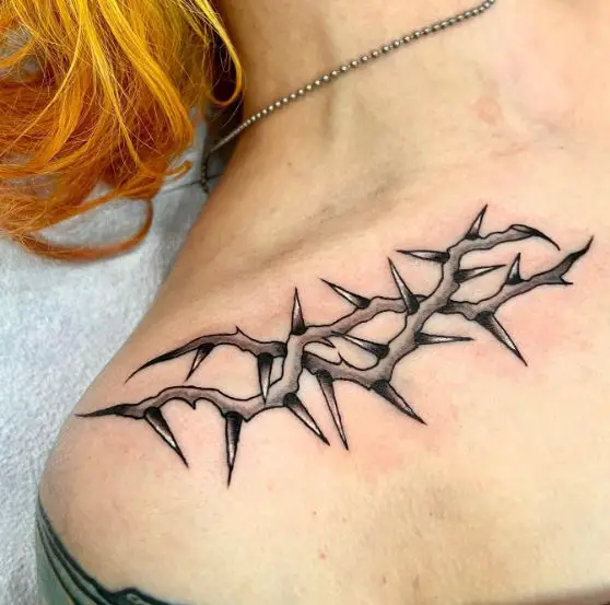 Grey Shaded Thorns Collarbone Tattoo