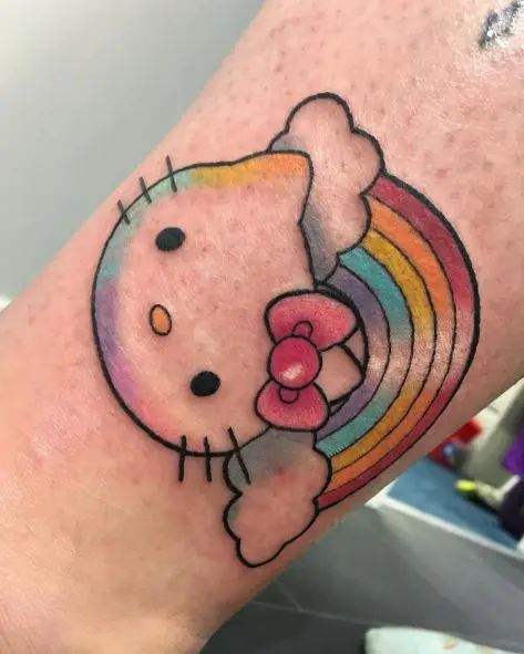 Colorful Rainbow, Clouds and Hello Kitty Arm Tattoo