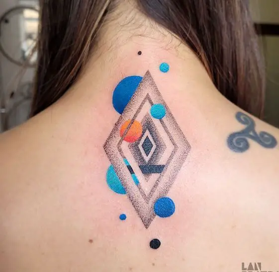 Colorful Geometric Shapes Abstract Upper Spine Tattoo