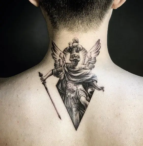 Black and Grey Saint Michael with Spear and Wings Neck Tattoo