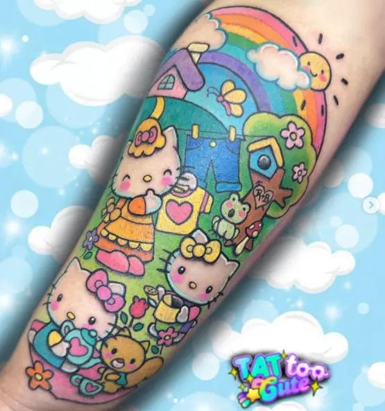 Colorful Hello Kitty with Her Family Forearm Tattoo