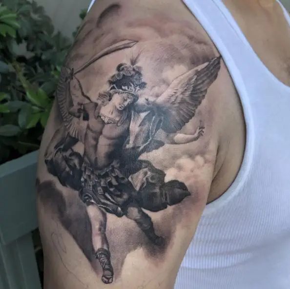 Grey Shaded Saint Michael with Sword and Wings Shoulder Tattoo