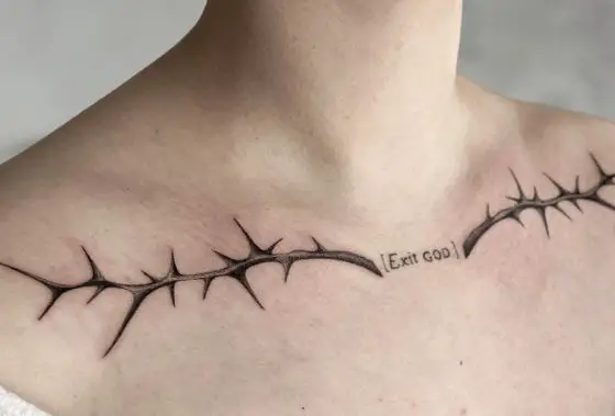 Black and Grey Thorns with Script Collarbone Tattoo