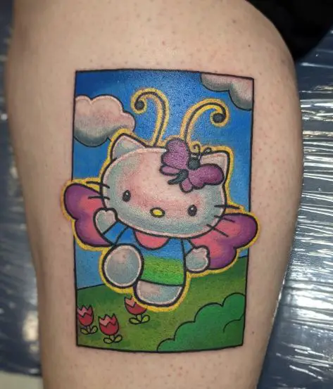 Colorful Hello Kitty with Wings Leg Tattoo