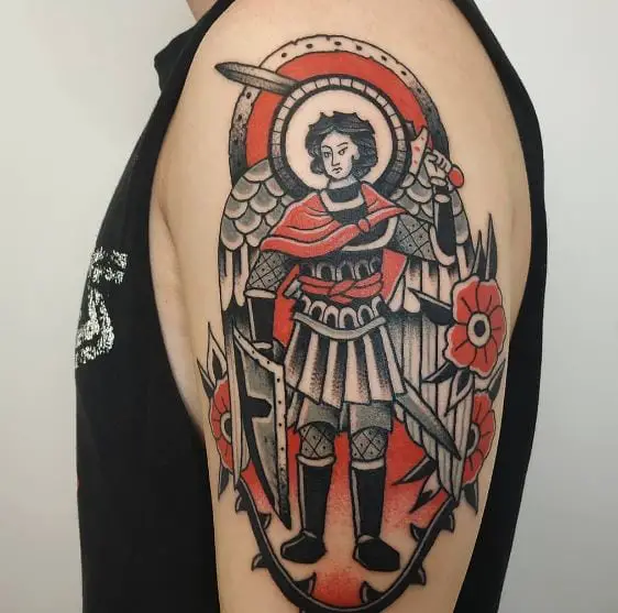 Black and Red Flowers and Saint Michael with Sword and Shield Arm Tattoo