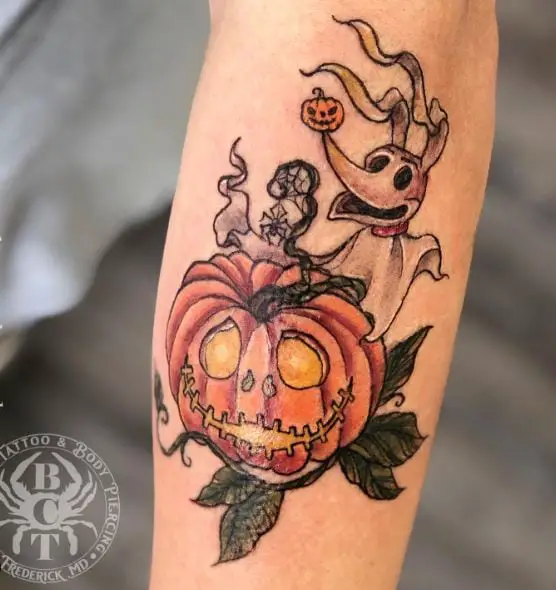 Colorful Halloween Pumpkin and Zero Forearm Tattoo