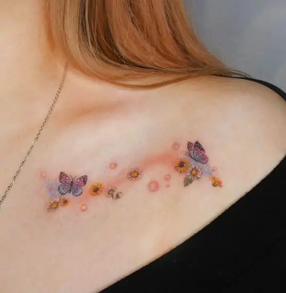 Colorful Flowers and Butterflies Collarbone Tattoo