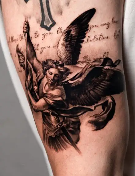 Black and Grey Saint Michael with Sword and Wings Biceps Tattoo