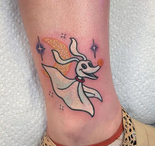 Colorful Zero with Moon and Stars Ankle Tattoo