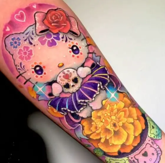 Colorful Hello Kitty with Mexican Skull Forearm Tattoo