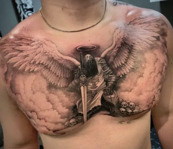Skulls and Saint Michael with Sword, Halo and Wings Chest Tattoo