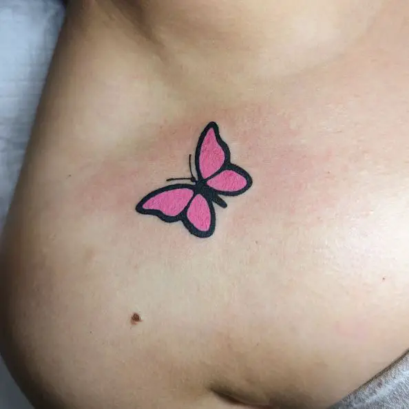 Pink Butterfly Collarbone Tattoo