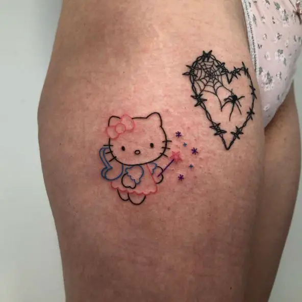 Colorful Hello Kitty with Wings and Magic Stick Hip Tattoo