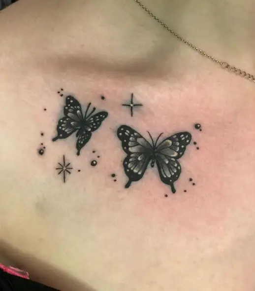 Black and Grey Stars and Butterflies Collarbone Tattoo