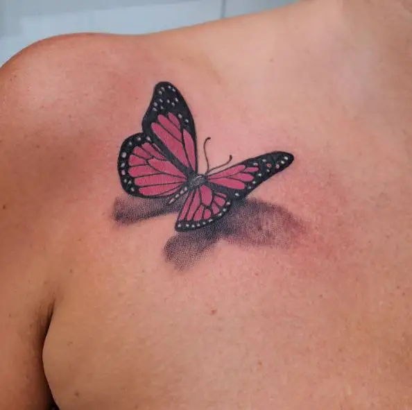 Colorful 3D Butterfly Collarbone Tattoo