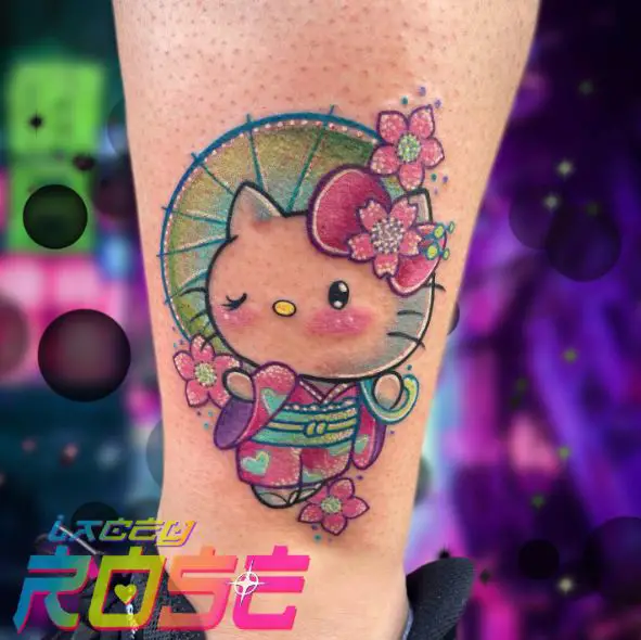 Colorful Flowers and Hello Kitty with Umbrella Leg Tattoo