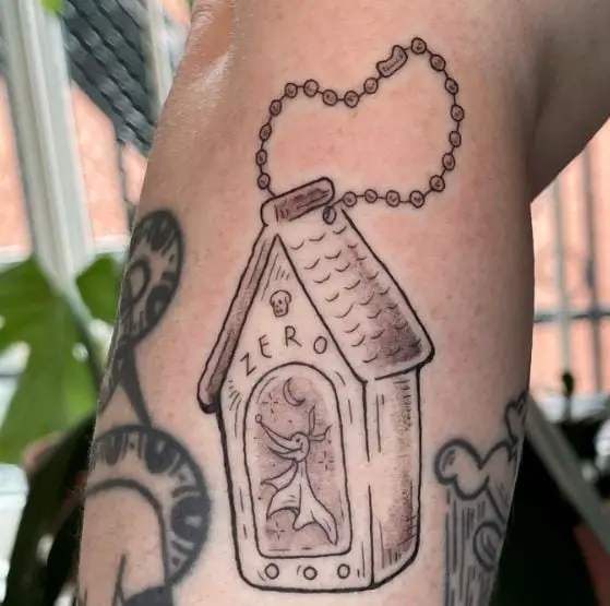 Black and Grey Zero with Dog House Key Chain Forearm Tattoo