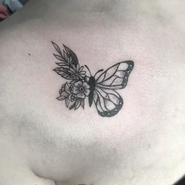 Black and Grey Flowers and Butterfly Collarbone Tattoo