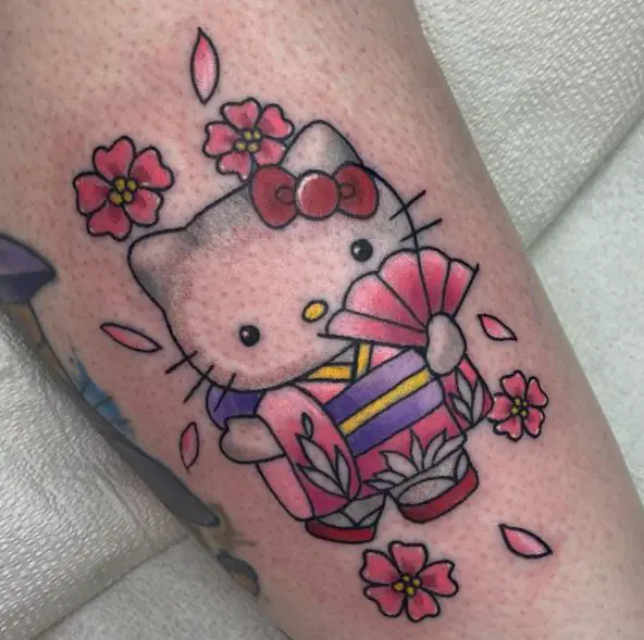 Colorful Flowers and Hello Kitty with Hand Fan Tattoo