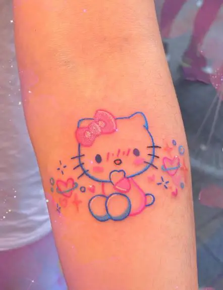 Colorful Hello Kitty with Stars and Hearts Forearm Tattoo