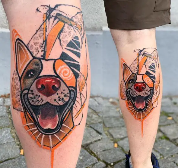 Colorful Dog Abstract Calf Tattoo
