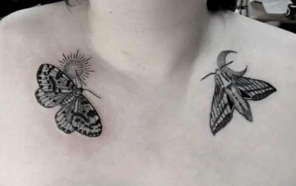 Sun and Butterfly, Moon and Moth Collarbone Tattoo