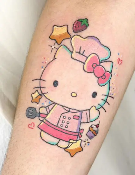 Colorful Hello Kitty Baking Cookies Forearm Tattoo