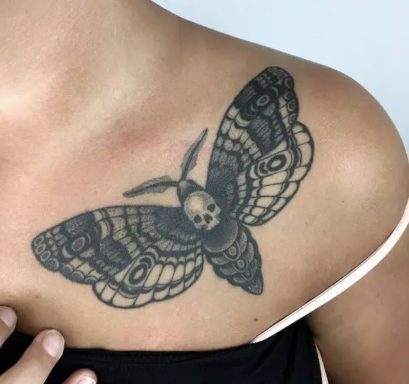 Black and Grey Death Moth Collarbone Tattoo